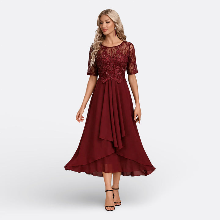 Vintém d'Ouro - Vestido Azul-Marinho com Renda e Manga Curta