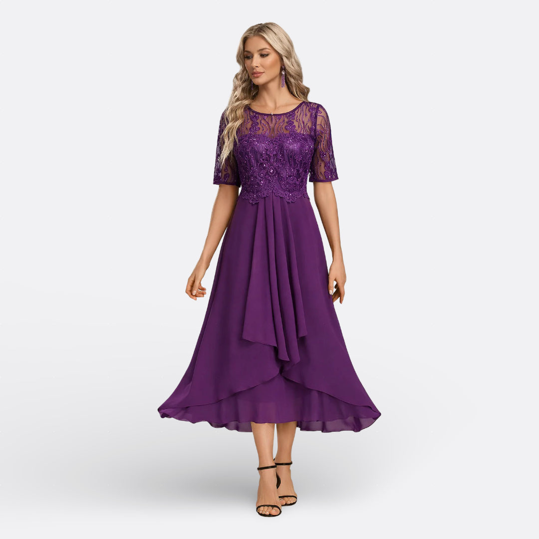 Vintém d'Ouro - Vestido Azul-Marinho com Renda e Manga Curta