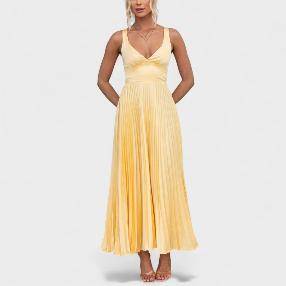 Vintém d'Ouro - Vestido maxi amarelo plissado