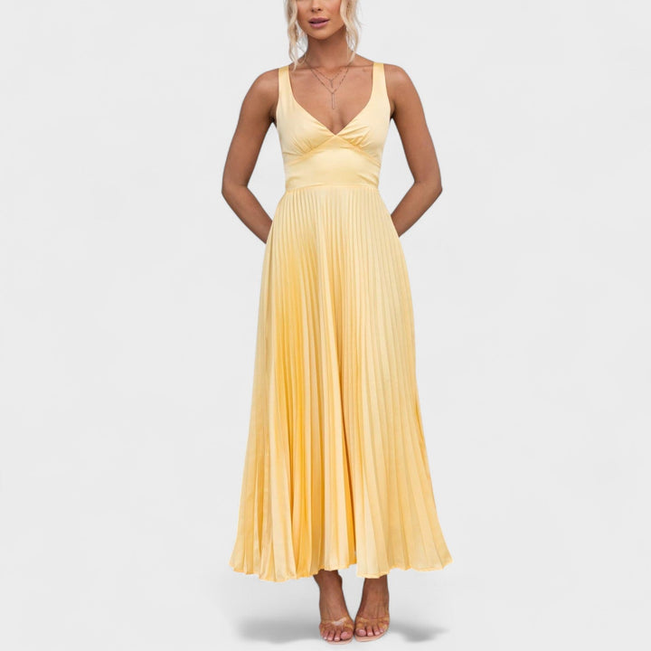Vintém d'Ouro - Vestido maxi amarelo plissado