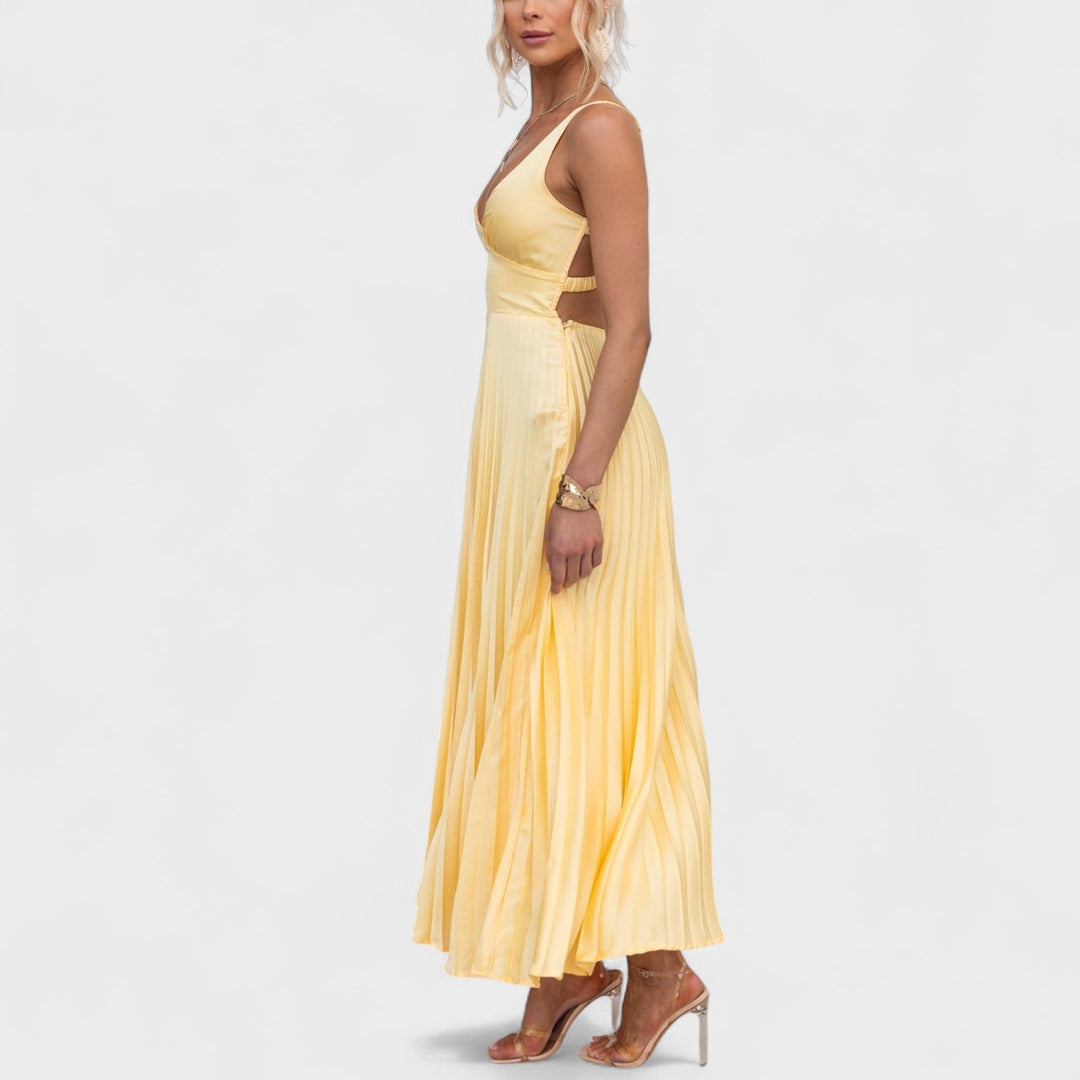 Vintém d'Ouro - Vestido maxi amarelo plissado