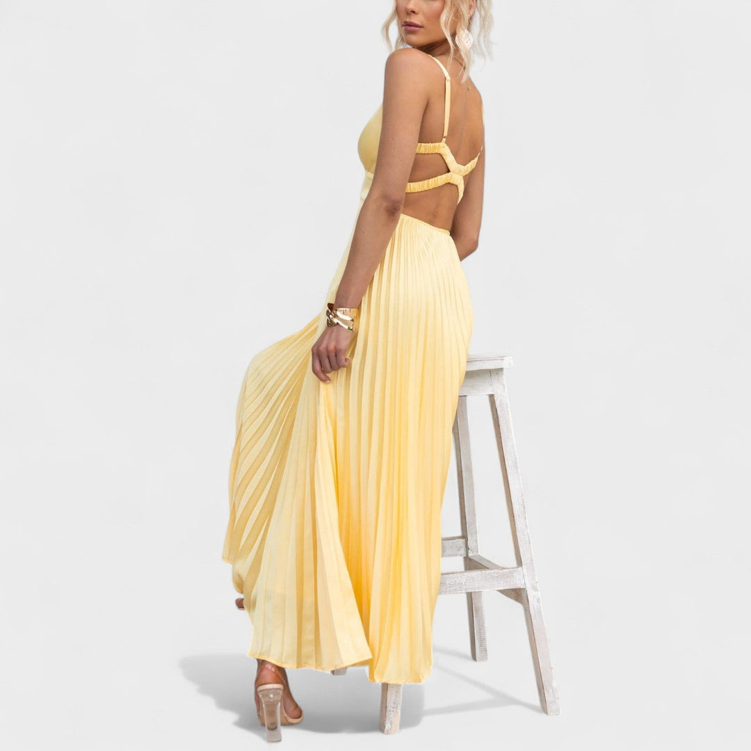 Vintém d'Ouro - Vestido maxi amarelo plissado