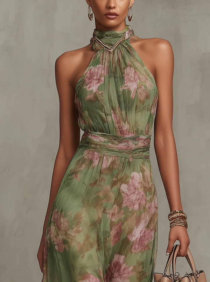 Vintém d'Ouro - Vestido longo verde com flores em chiffon
