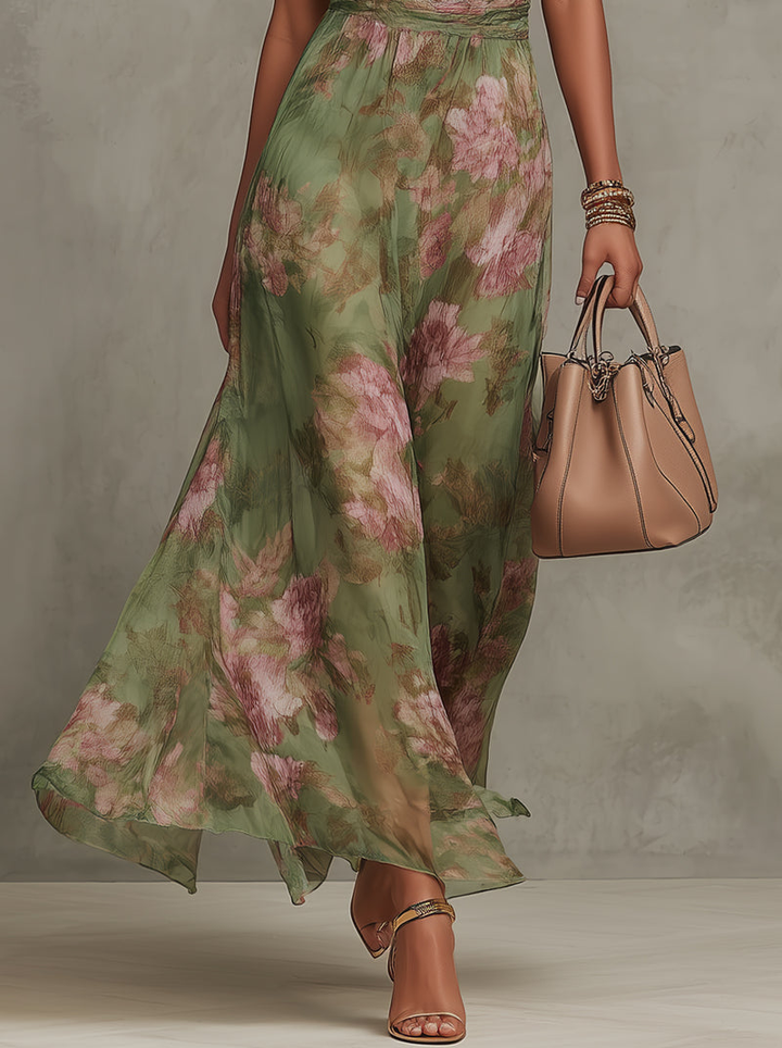 Vintém d'Ouro - Vestido longo verde com flores em chiffon