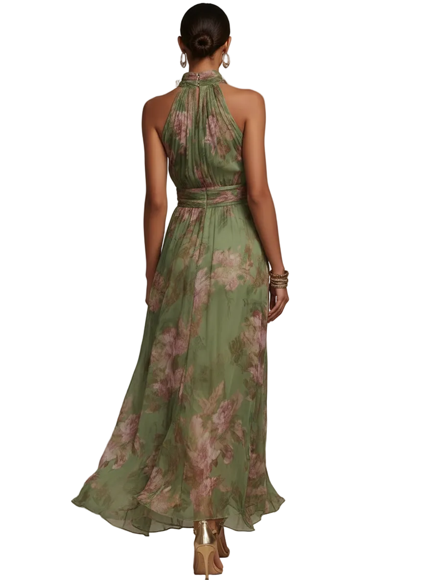 Vintém d'Ouro - Vestido longo verde com flores em chiffon