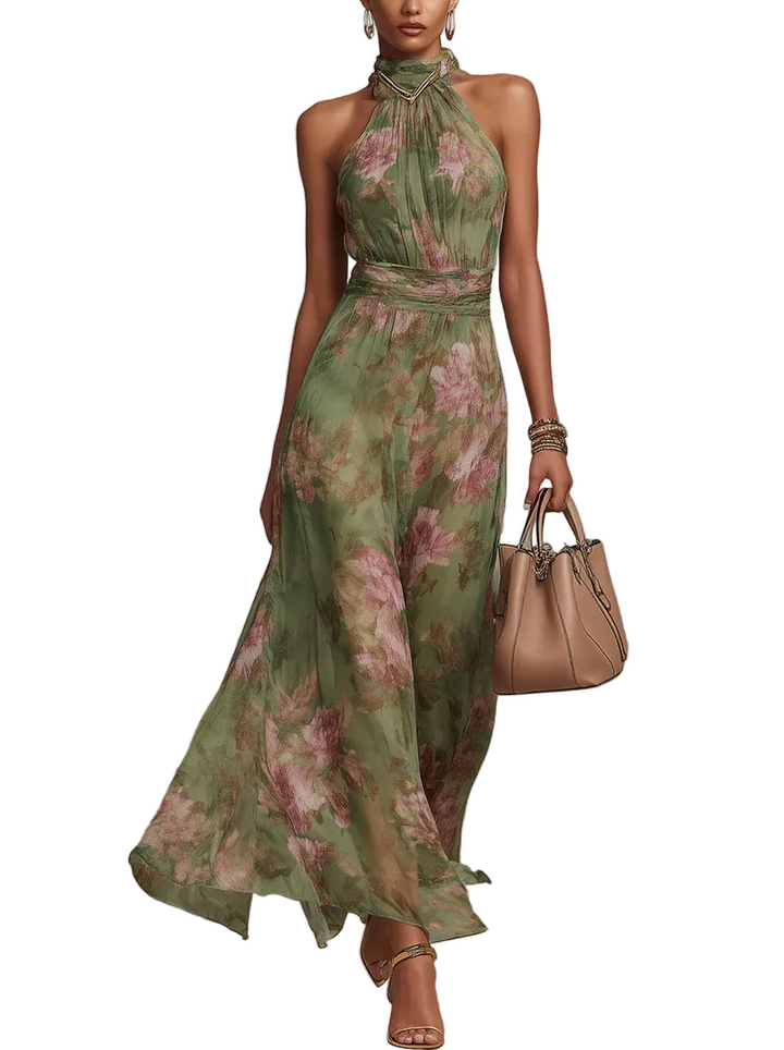 Vintém d'Ouro - Vestido longo verde com flores em chiffon