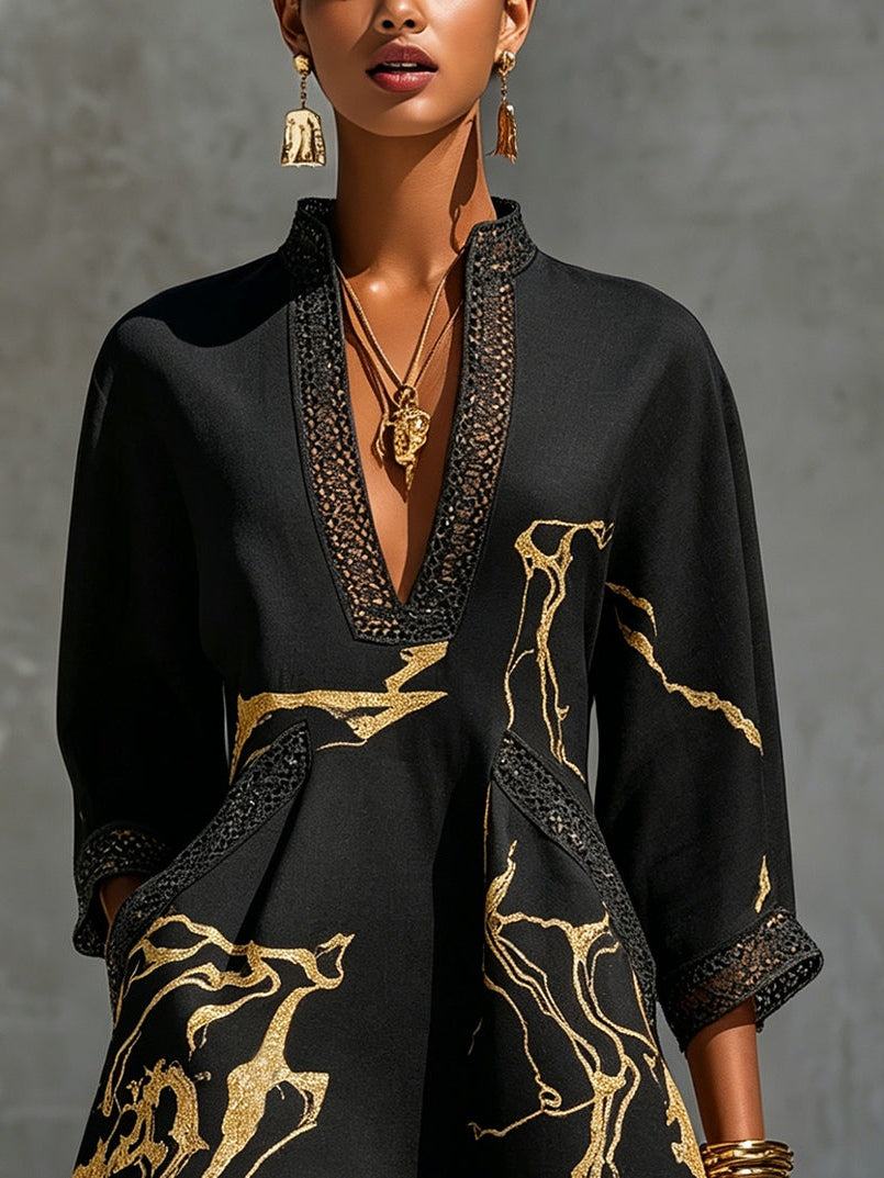 Vintém d'Ouro - Vestido Preto com Estampado de Mármore Dourado e Renda de Crochê