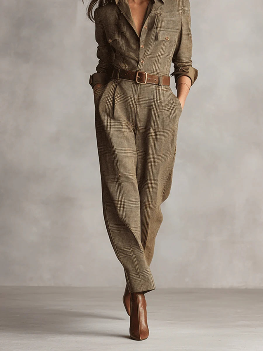 Vintém d'Ouro - Macacão utilitário xadrez com textura tweed refinada