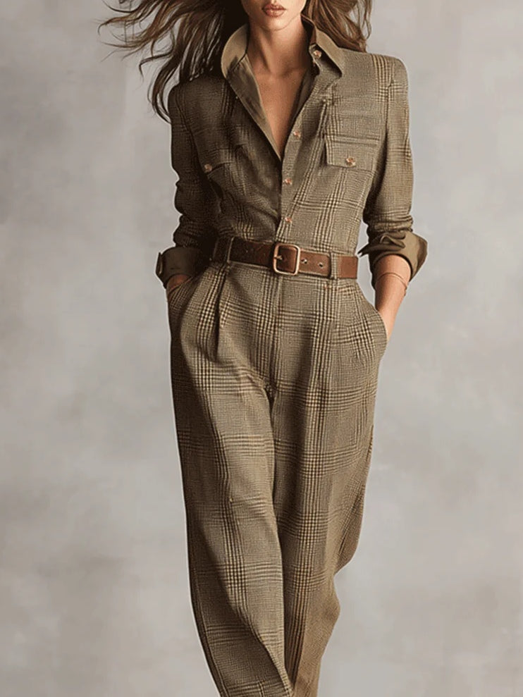 Vintém d'Ouro - Macacão utilitário xadrez com textura tweed refinada