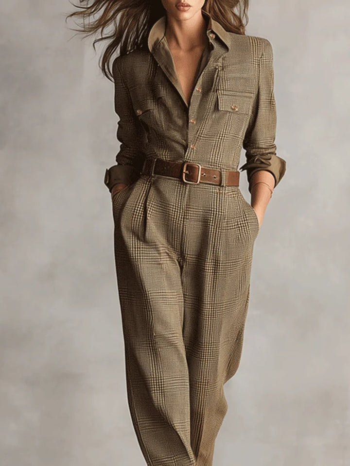 Vintém d'Ouro - Macacão utilitário xadrez com textura tweed refinada