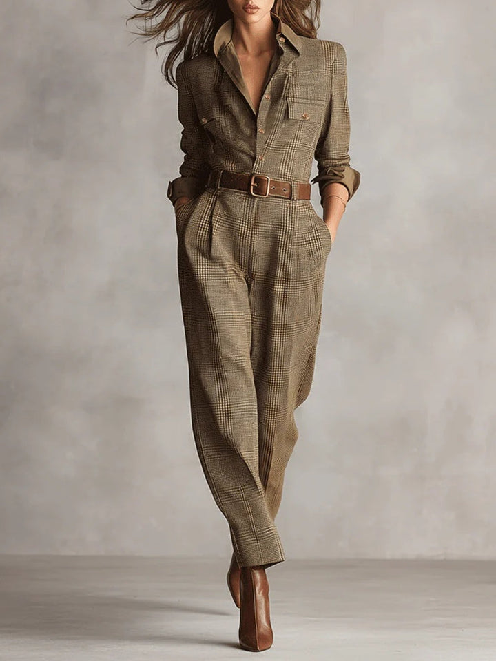 Vintém d'Ouro - Macacão utilitário xadrez com textura tweed refinada