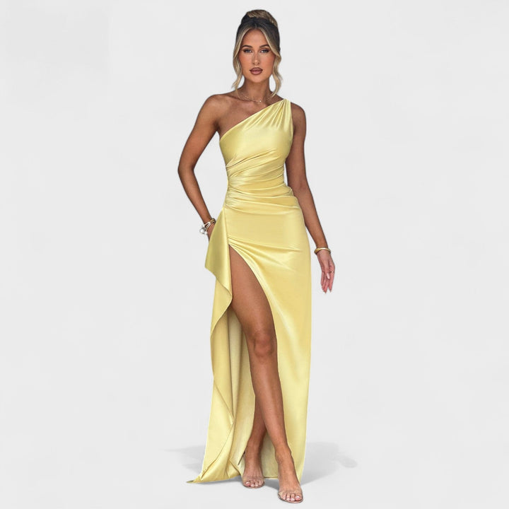 Vintém d'Ouro - Vestido Assimétrico de Cetim