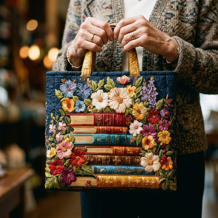 Vintém d'Ouro - Saco Tote Acolchoado com Flores e Livros