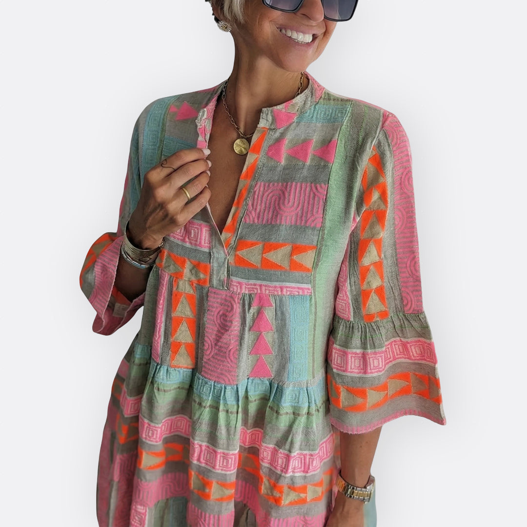 Vintém d'Ouro - Vestido Boho de Camadas com Corte Fluido