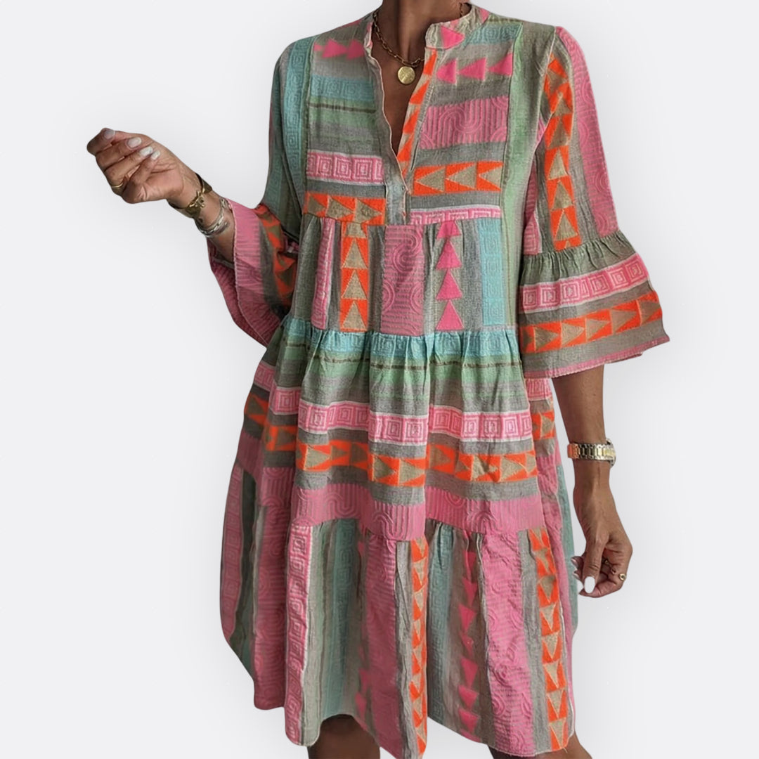 Vintém d'Ouro - Vestido Boho de Camadas com Corte Fluido