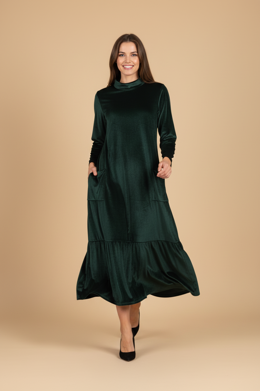Vintém d'Ouro - Vestido de Veludo Longo com Bolsos
