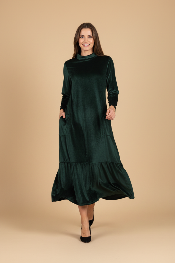 Vintém d'Ouro - Vestido de Veludo Longo com Bolsos