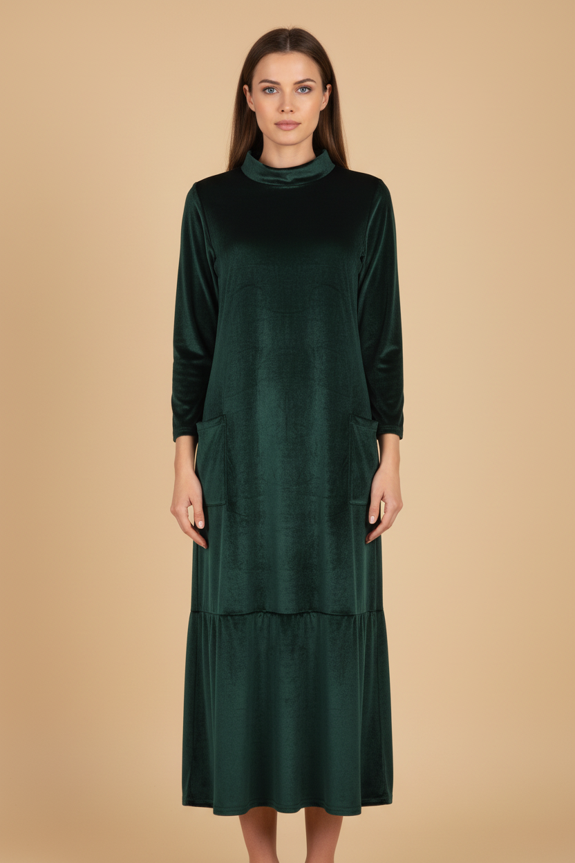 Vintém d'Ouro - Vestido de Veludo Longo com Bolsos