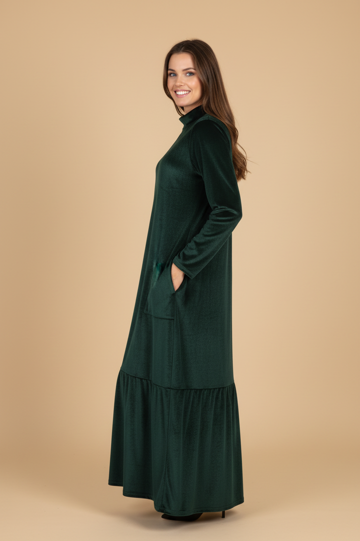 Vintém d'Ouro - Vestido de Veludo Longo com Bolsos