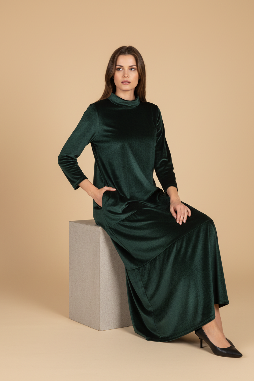 Vintém d'Ouro - Vestido de Veludo Longo com Bolsos
