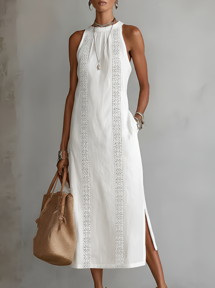 Vintém d'Ouro - Vestido midi de linho com gola mao