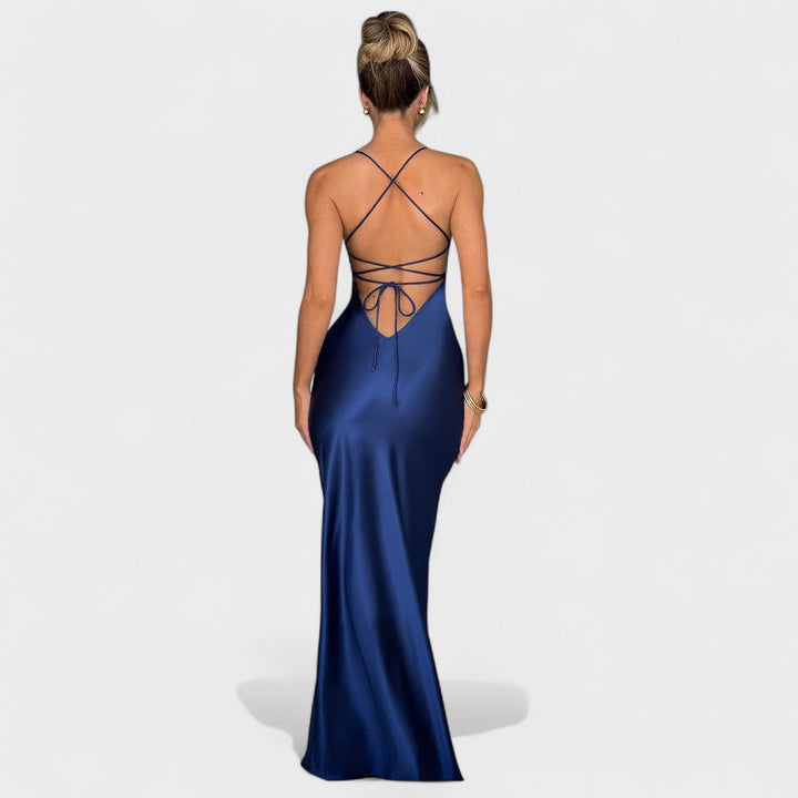Vintém d'Ouro - Vestido de cetim azul meia-noite