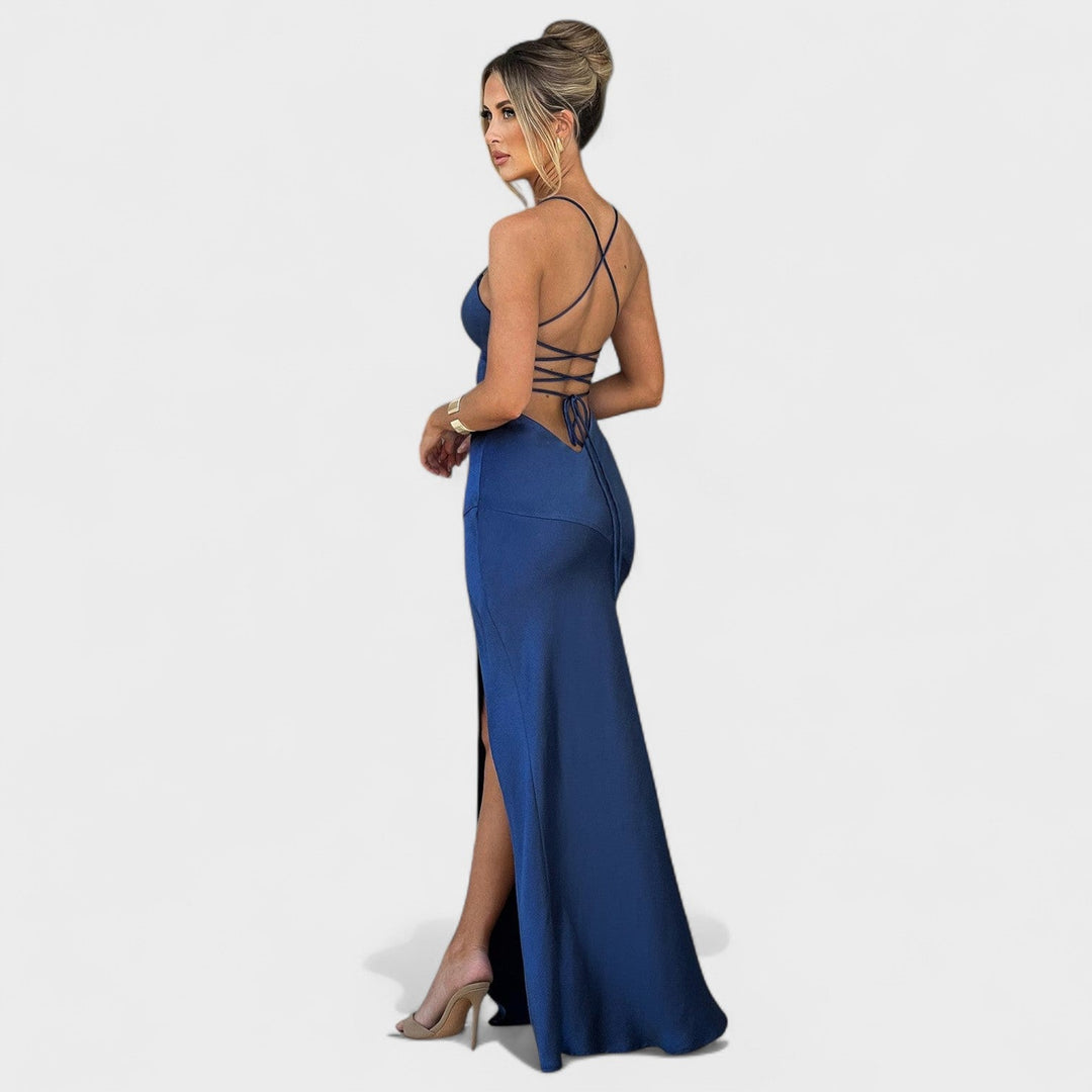 Vintém d'Ouro - Vestido de cetim azul meia-noite