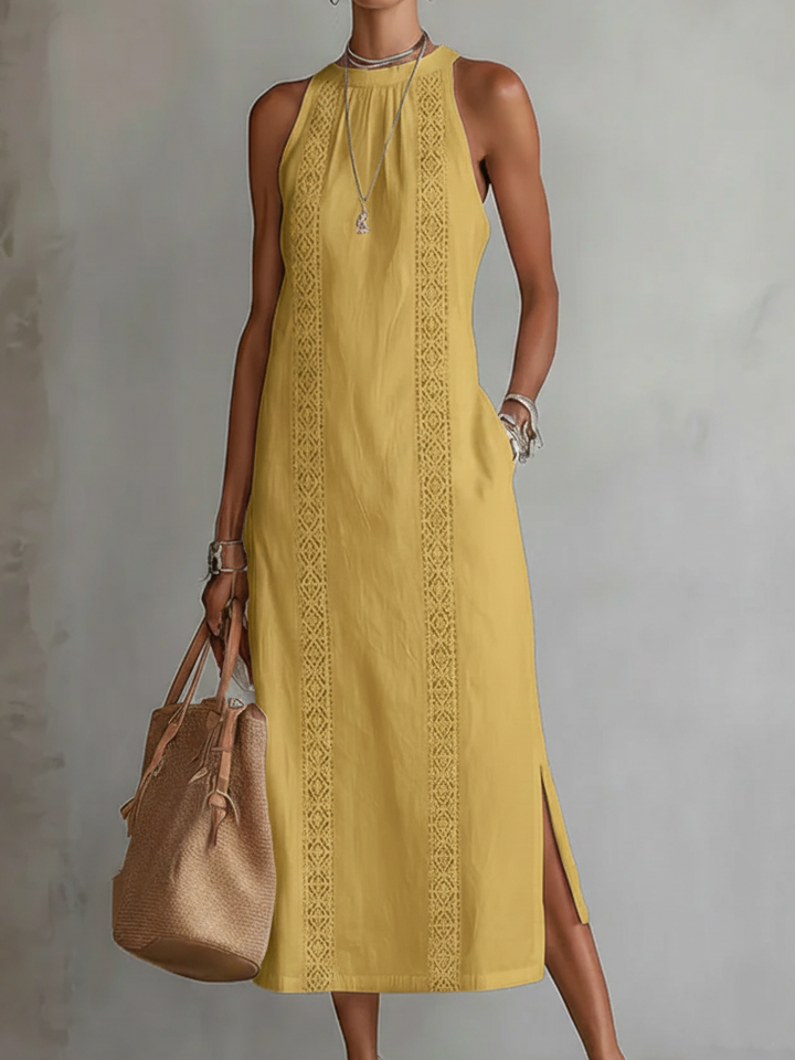 Vintém d'Ouro - Vestido midi de linho com gola mao