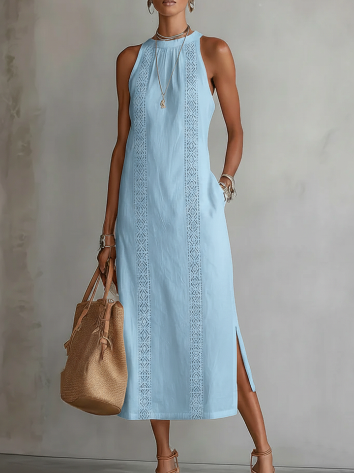Vintém d'Ouro - Vestido midi de linho com gola mao