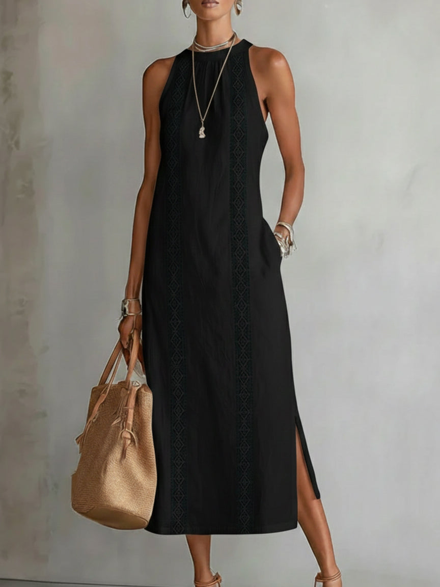 Vintém d'Ouro - Vestido midi de linho com gola mao