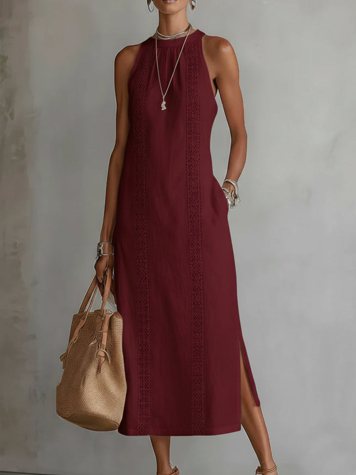 Vintém d'Ouro - Vestido midi de linho com gola mao
