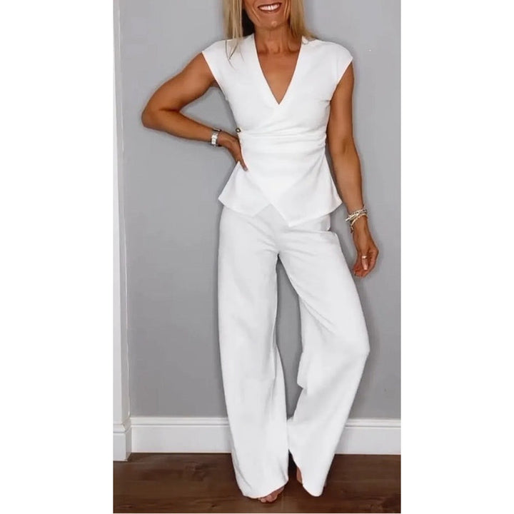 Vintém d'Ouro - Conjunto elegante de blusa com decote em V e calça solta para conforto diário