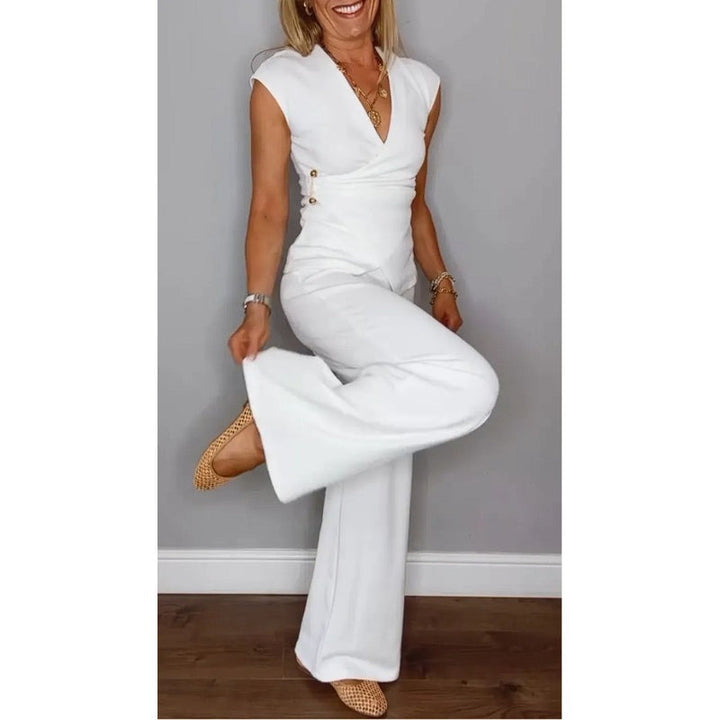 Vintém d'Ouro - Conjunto elegante de blusa com decote em V e calça solta para conforto diário