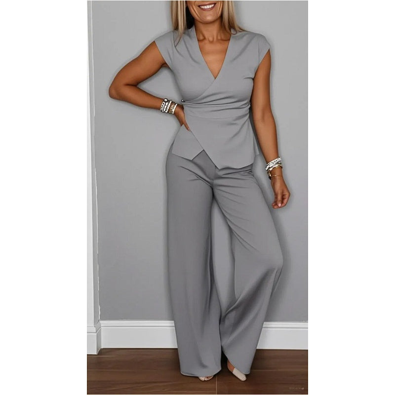 Vintém d'Ouro - Conjunto elegante de blusa com decote em V e calça solta para conforto diário
