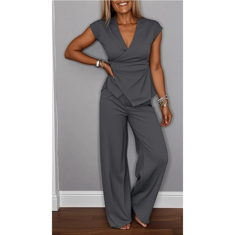 Vintém d'Ouro - Conjunto elegante de blusa com decote em V e calça solta para conforto diário