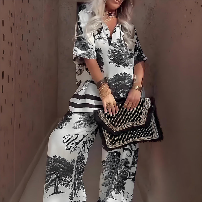 Vintém d'Ouro - Blusa estampada com decote em V e calça comprida elegante de verão