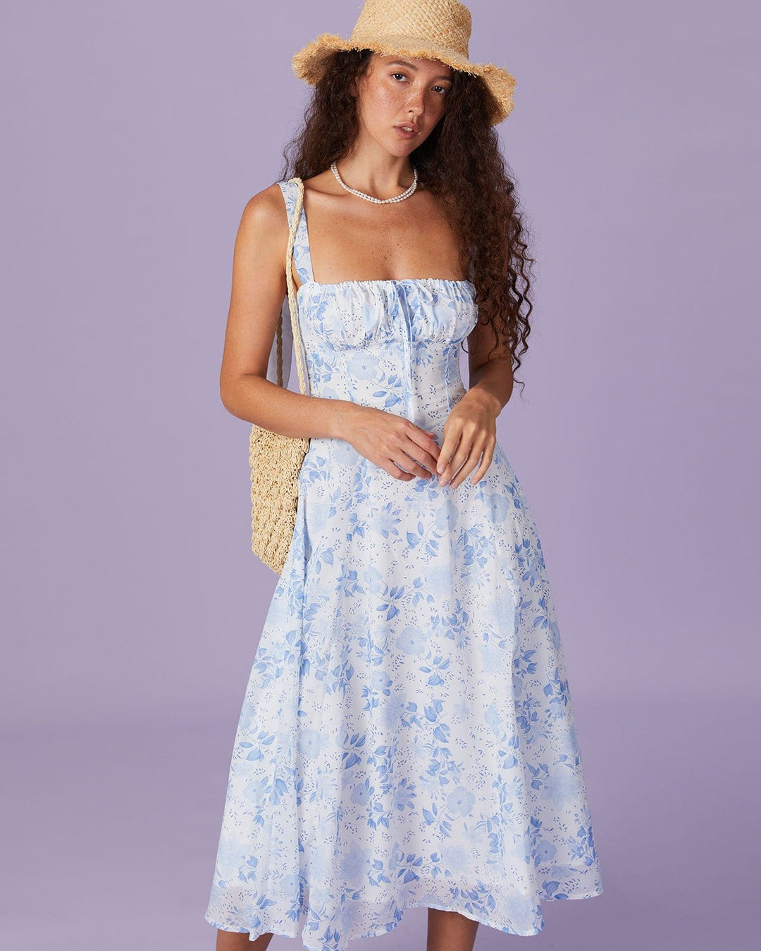 Vintém d'Ouro - Vestido Midi Azul Floral