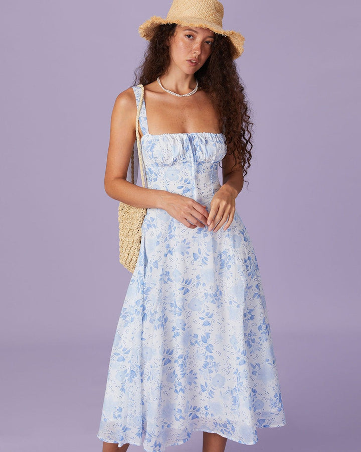 Vintém d'Ouro - Vestido Midi Azul Floral