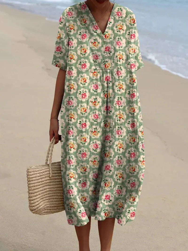 Vintém d'Ouro - Vestido Floral Retrô em Verde Água