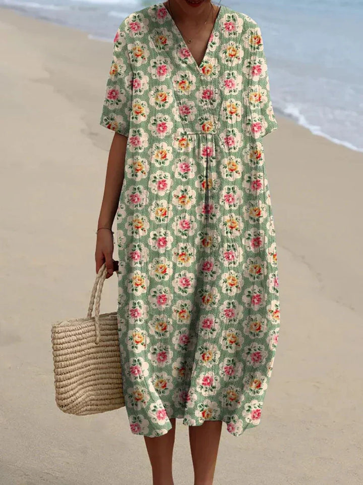 Vintém d'Ouro - Vestido Floral Retrô em Verde Água
