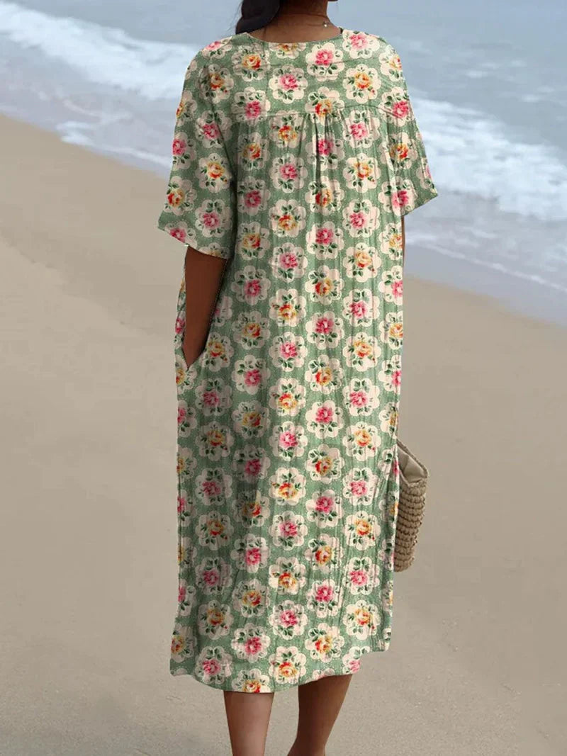 Vintém d'Ouro - Vestido Floral Retrô em Verde Água