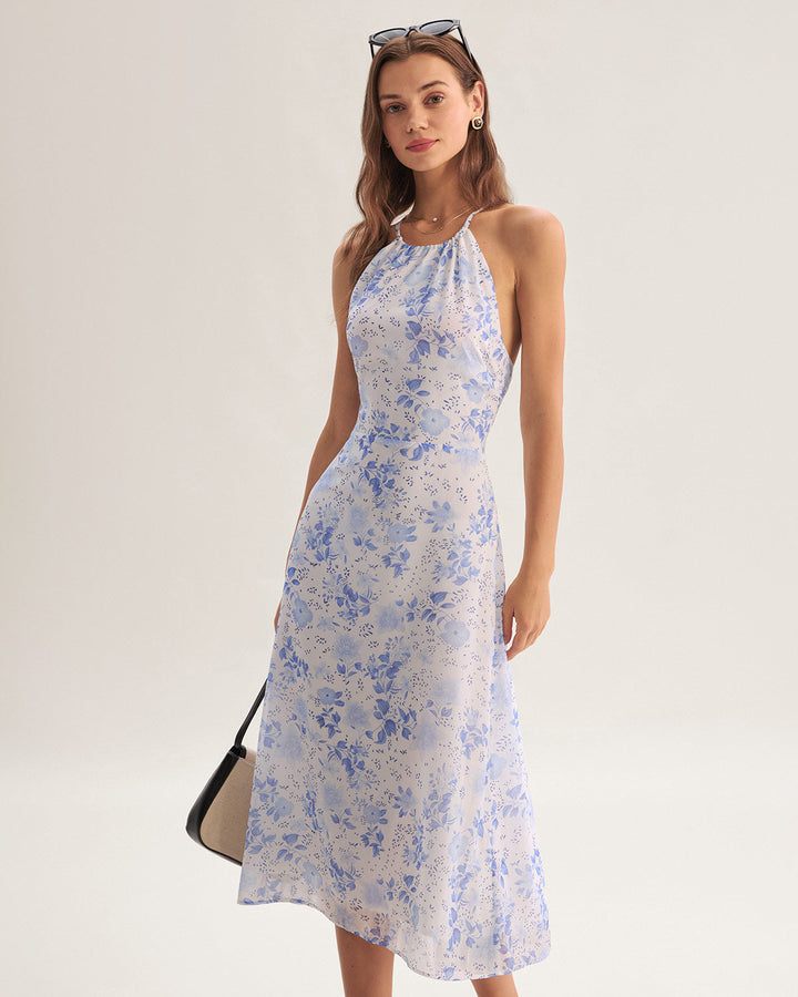 Vintém d'Ouro - Vestido Midi Floral Azul