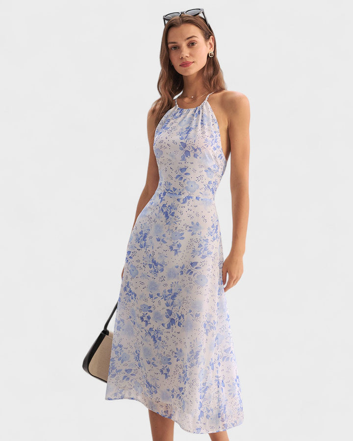 Vintém d'Ouro - Vestido Midi Floral Azul