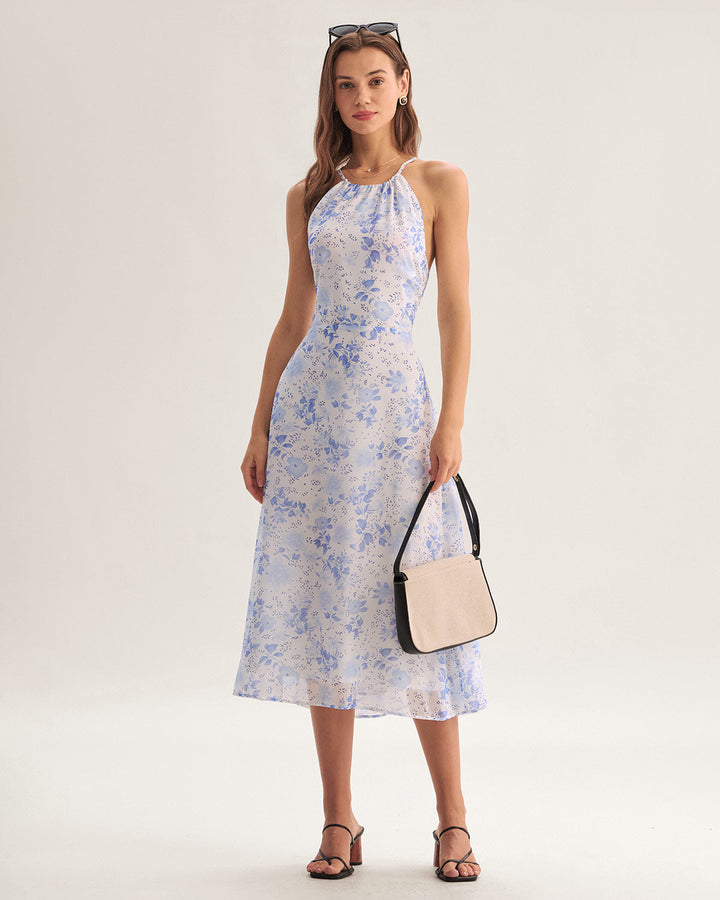 Vintém d'Ouro - Vestido Midi Floral Azul
