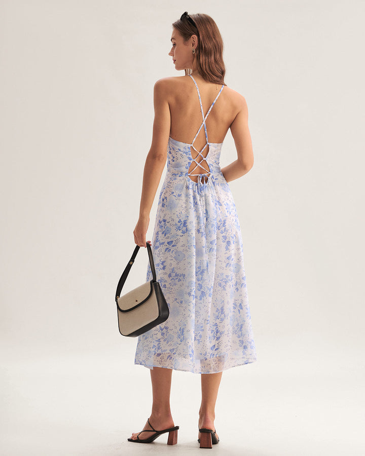 Vintém d'Ouro - Vestido Midi Floral Azul
